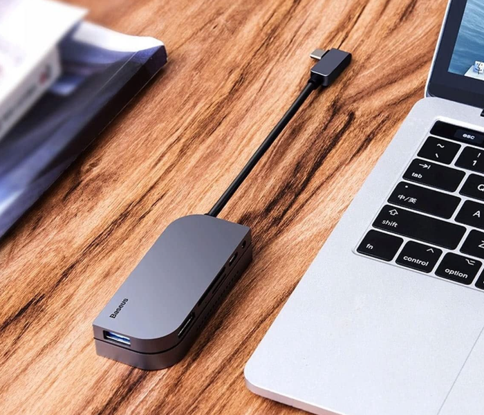 Baseus Bend Angle No.7 Type-C Hub, Aluminum Alloy, Grey, 7-in-1 Multiport Adapter with HDMI 4K, USB 3.0, SD Card Reader, PD Fast Charging, 100W in UAE