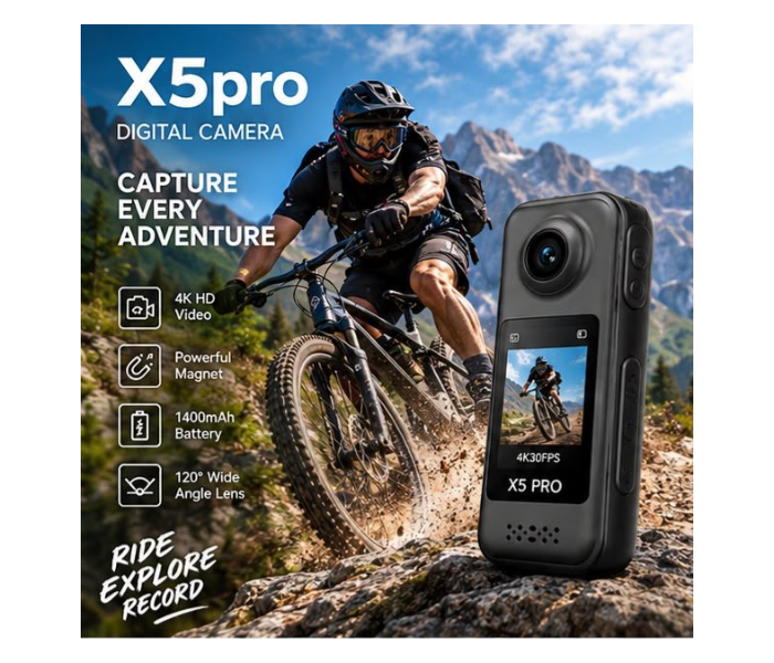 AIRTAB X5 Pro 4K Digital Camera | 1400mAh Battery, 120° Wide Angle & Magnetic Action Camera (RED) in UAE