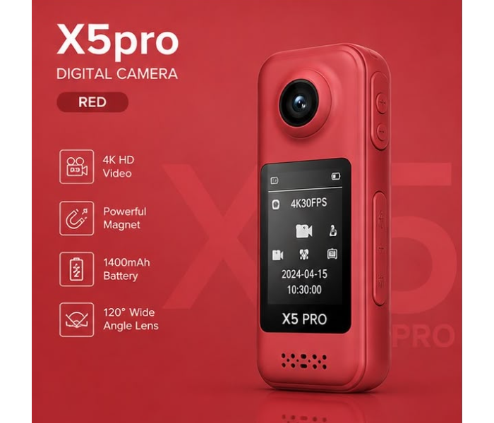 AIRTAB X5 Pro 4K Digital Camera | 1400mAh Battery, 120° Wide Angle & Magnetic Action Camera (RED) in UAE