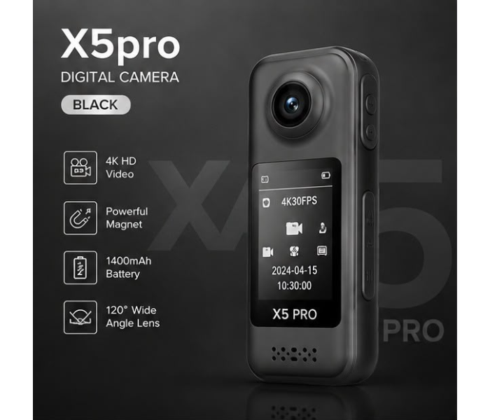 AIRTAB X5 Pro 4K Digital Camera | 1400mAh Battery, 120° Wide Angle & Magnetic Action Camera (BLACK) in UAE