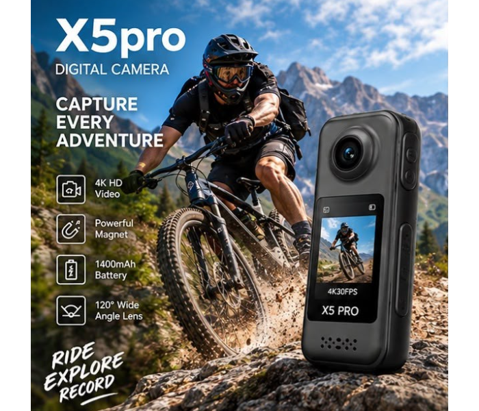 AIRTAB X5 Pro 4K Digital Camera | 1400mAh Battery, 120° Wide Angle & Magnetic Action Camera (BLACK) in UAE