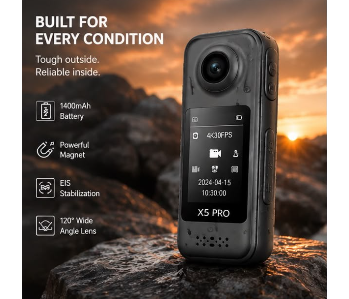 AIRTAB X5 Pro 4K Digital Camera | 1400mAh Battery, 120° Wide Angle & Magnetic Action Camera (BLACK) in UAE