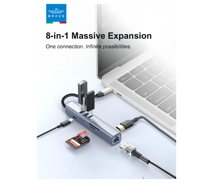 BraveLink Series 7-in-1 USB-C Multiport Hub BH-07 - 4K HDMI, 100W Power Delivery (PD), USB 3.0, SD/TF Card Readers | All-in-One Adapter for MacBook Pro/Air, iPad Pro, Windows Laptops (Space Gray) in UAE