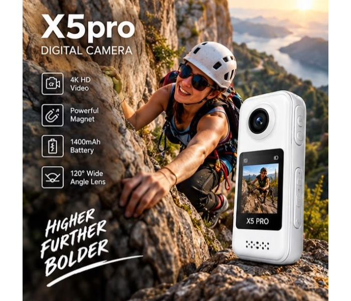 AIRTAB X5 Pro 4K Digital Camera | 1400mAh Battery, 120° Wide Angle & Magnetic Action Camera (WHITE) in UAE