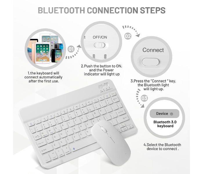 Ultra-Slim Bluetooth Keyboard Portable Mini Wireless Keyboard Rechargeable for Apple iPad iPhone Samsung Tablet Phone Smartphone iOS Android Windows (10 inch white) in UAE