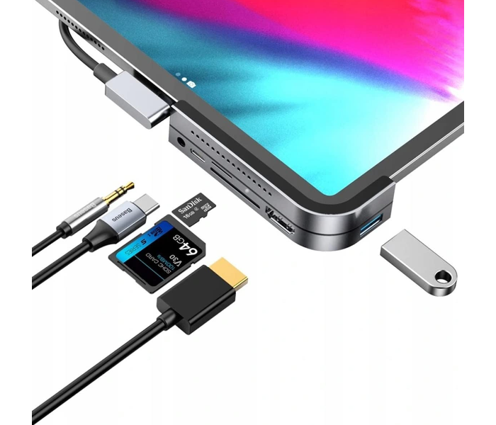 Baseus Bend Angle No.7 Type-C Hub, Aluminum Alloy, Grey, 7-in-1 Multiport Adapter with HDMI 4K, USB 3.0, SD Card Reader, PD Fast Charging, 100W in UAE