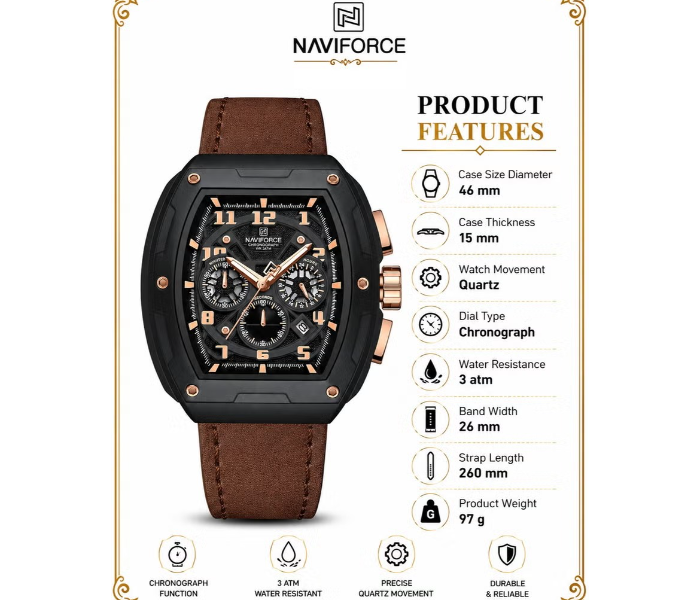 NAVIFORCE Chronograph Barrel-Shaped Case Waterproof Luminous Quartz Multifunction Men’s Watch NF8053 in UAE