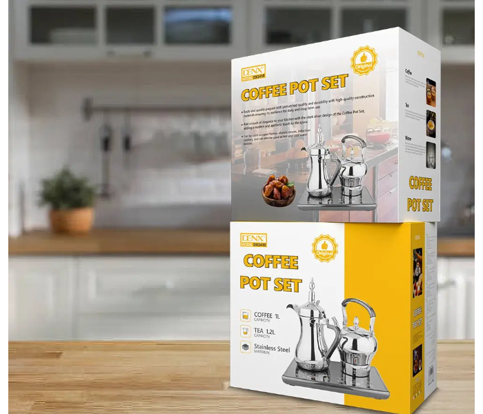 Denx Dx3410 Saudi Coffee Dallah & Electric Tea Kettle Set 1L Dallah 1.2L Kettle Stainless Steel Dual Heating Base With Digital Control Auto Shut-Off in UAE