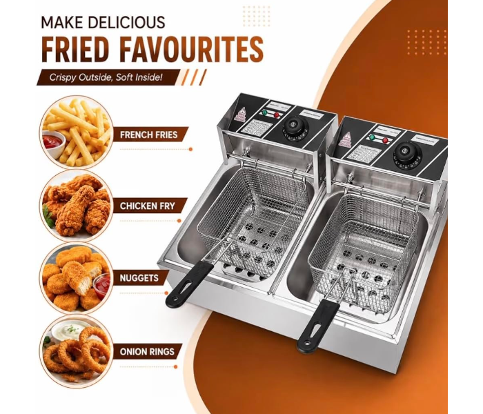  DENX DX4003 Double Tank Electric Deep Fryer, Stainless Steel, with Temperature Control, for Restaurant, French Fries & Fast Food in UAE