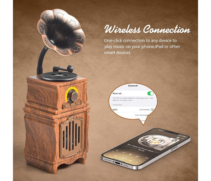 Retro Bluetooth Speaker with FM Radio, Bass, Retro Radio 5.3 Wireless Speaker Vintage Radios Support USB/TF/AUX Player for Home Office Room Outdoor Party, Portable Rechargeable in UAE