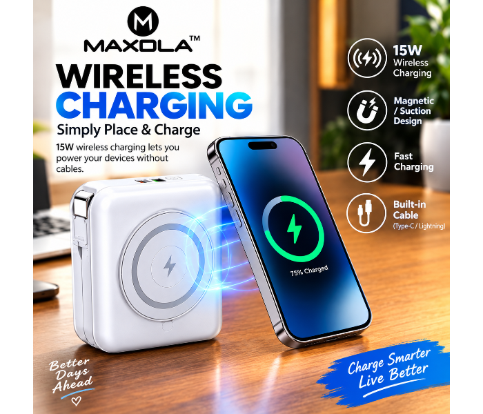 MAXDLA 10000mAh Power Bank with 15W Wireless Charging, 22.5W Fast Charging, Magnetic Suction Design, Built-In Type-C & Lightning Cables, Digital Battery Display, Portable Fast Charger for Smartphones in UAE