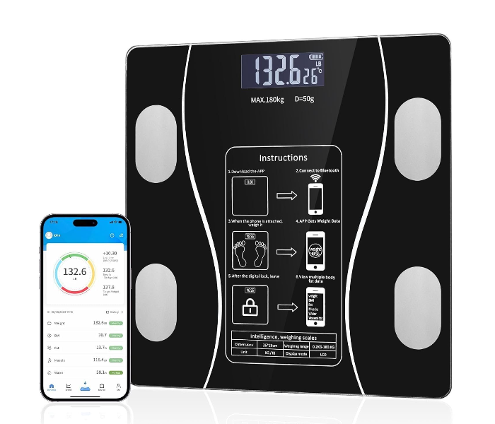 DENX DX1717 Smart Bluetooth Body Weight Scale with Body Composition Analyzer, BMI, Body Fat Monitor, Digital LCD Display, Ultra Slim Glass Design, App Connectivity (Up to 180 kg) in UAE