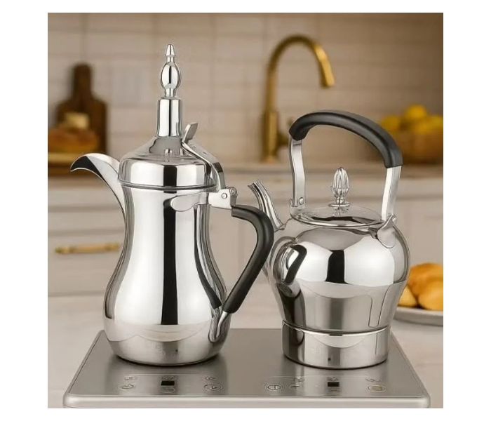 Denx Dx3410 Saudi Coffee Dallah & Electric Tea Kettle Set 1L Dallah 1.2L Kettle Stainless Steel Dual Heating Base With Digital Control Auto Shut-Off in UAE