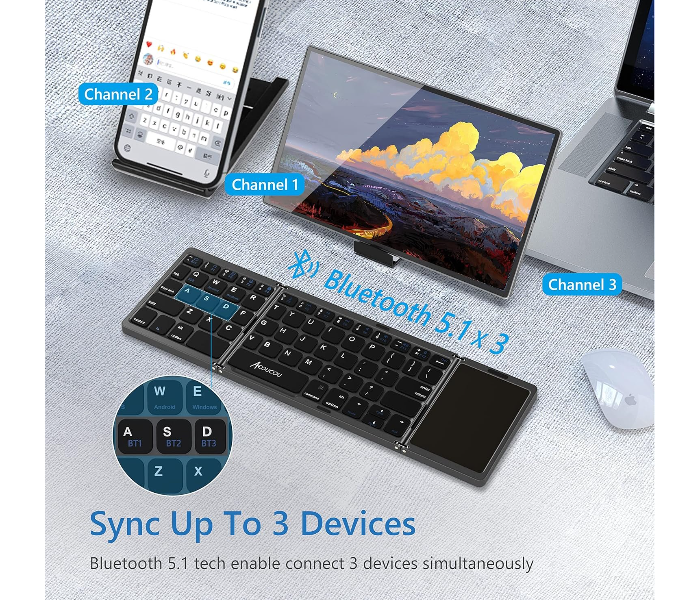 Foldable Bluetooth Keyboard with Touchpad Portable Wireless (Sync Up to 3 Devices), Rechargeable Mini Wireless Bluetooth Tri-Folding Keyboard for Android iOS Windows Tablets in UAE