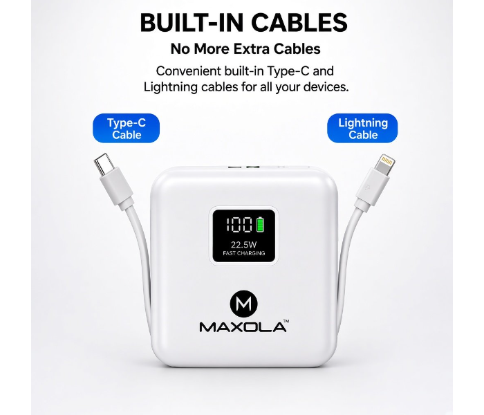 MAXDLA 10000mAh Power Bank with 15W Wireless Charging, 22.5W Fast Charging, Magnetic Suction Design, Built-In Type-C & Lightning Cables, Digital Battery Display, Portable Fast Charger for Smartphones in UAE