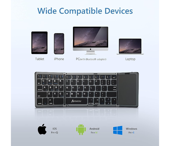 Foldable Bluetooth Keyboard with Touchpad Portable Wireless (Sync Up to 3 Devices), Rechargeable Mini Wireless Bluetooth Tri-Folding Keyboard for Android iOS Windows Tablets in UAE