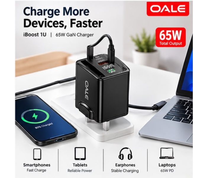 iBoost 1U Foldable plug design, portable 65W fast charger for travel. in UAE