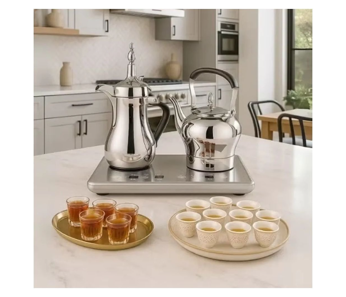 Denx Dx3410 Saudi Coffee Dallah & Electric Tea Kettle Set 1L Dallah 1.2L Kettle Stainless Steel Dual Heating Base With Digital Control Auto Shut-Off in UAE