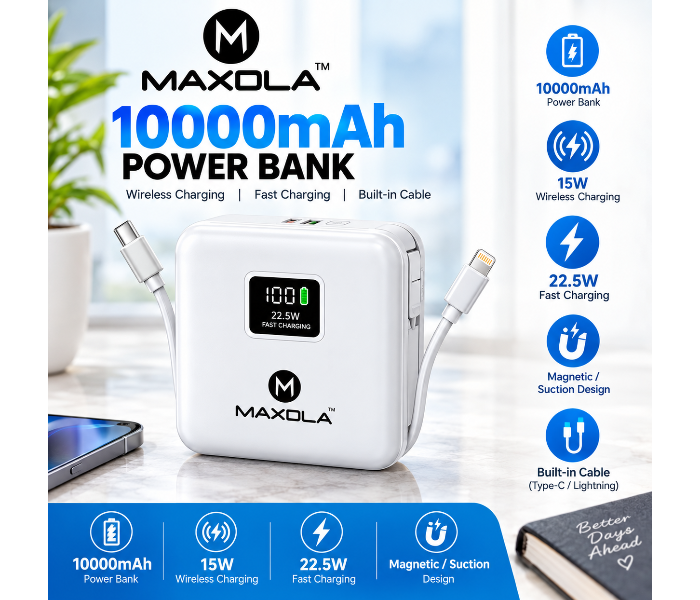 MAXDLA 10000mAh Power Bank with 15W Wireless Charging, 22.5W Fast Charging, Magnetic Suction Design, Built-In Type-C & Lightning Cables, Digital Battery Display, Portable Fast Charger for Smartphones in UAE
