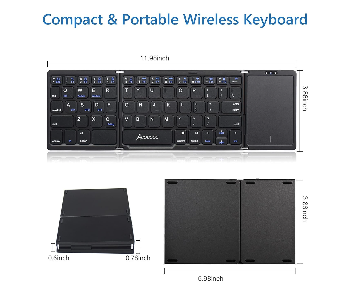 Foldable Bluetooth Keyboard with Touchpad Portable Wireless (Sync Up to 3 Devices), Rechargeable Mini Wireless Bluetooth Tri-Folding Keyboard for Android iOS Windows Tablets in UAE