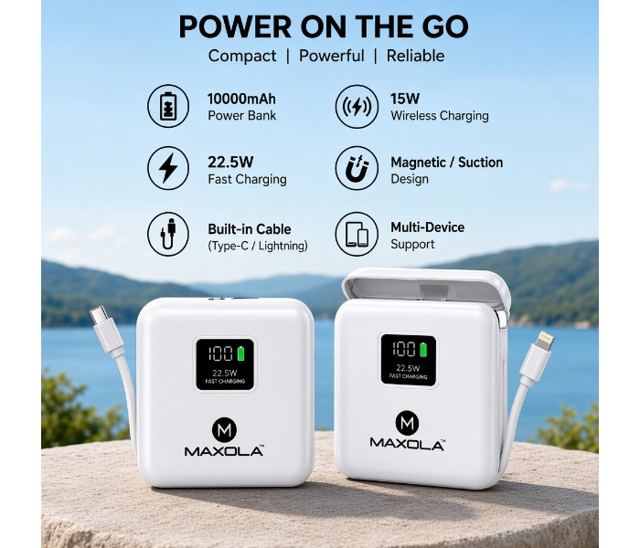 MAXDLA 10000mAh Power Bank with 15W Wireless Charging, 22.5W Fast Charging, Magnetic Suction Design, Built-In Type-C & Lightning Cables, Digital Battery Display, Portable Fast Charger for Smartphones in UAE