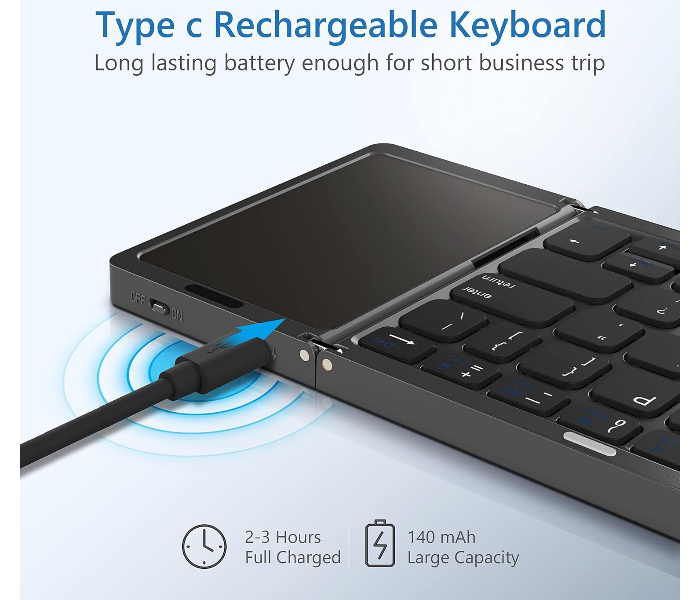 Foldable Bluetooth Keyboard with Touchpad Portable Wireless (Sync Up to 3 Devices), Rechargeable Mini Wireless Bluetooth Tri-Folding Keyboard for Android iOS Windows Tablets in UAE