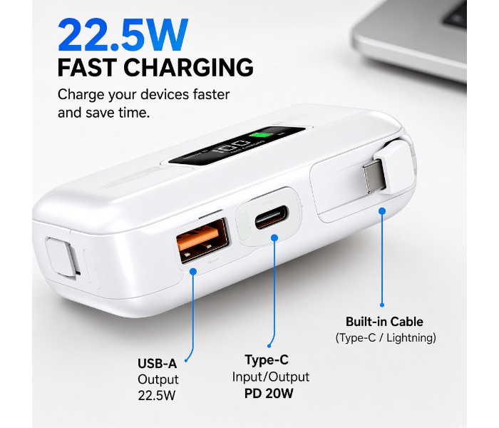 MAXDLA 10000mAh Power Bank with 15W Wireless Charging, 22.5W Fast Charging, Magnetic Suction Design, Built-In Type-C & Lightning Cables, Digital Battery Display, Portable Fast Charger for Smartphones in UAE