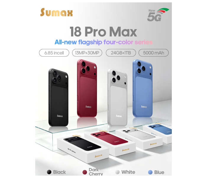 Sumax 18 Pro Max 5G Smartphone 6.85 Inch Display, 24GB RAM + 1TB Storage, 13MP + 30MP Dual Camera, 5000mAh Battery, Black in UAE