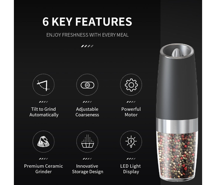DENX High Quality Black Color Electric Gravity Black Pepper Mill Grinder with Blue Light Feature Rich Pepper Grinder in UAE
