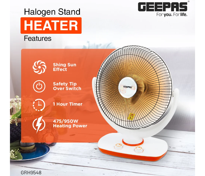 Geepas GRH9548 950W Halogen Stand Heater, White & Orange in KSA
