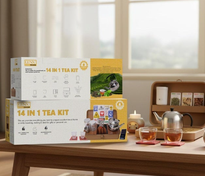 DENX DX4206 14-in-1 Tea Kit Set for Camping, Outdoor Travel and Picnic, Portable Stainless Steel Tea Making Kit with 800ML 304 Stainless Steel Tea Kettle, 450ML Stainless Steel Cup, 150ML Glasses, Wooden Tea Plate, Electric Digital Scale, Mini Folding Integrated Stove, Gas Tank Cover, Waterproof Coasters and Plastic Storage Containers, Compact Outdoor Tea Brewing Accessories Set for Hiking, Camping, Road Trips, Family Picnics and Outdoor Adventures in UAE
