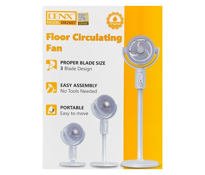 DENX DX2607 3 in 1 Air Circulation Fan with Remote | USB C Rechargeable Portable Desk & Pedestal Fan with 90 Degree Oscillation Adjustable Height 5 Speed Silent Cooling for Home Office Bedroom in UAE