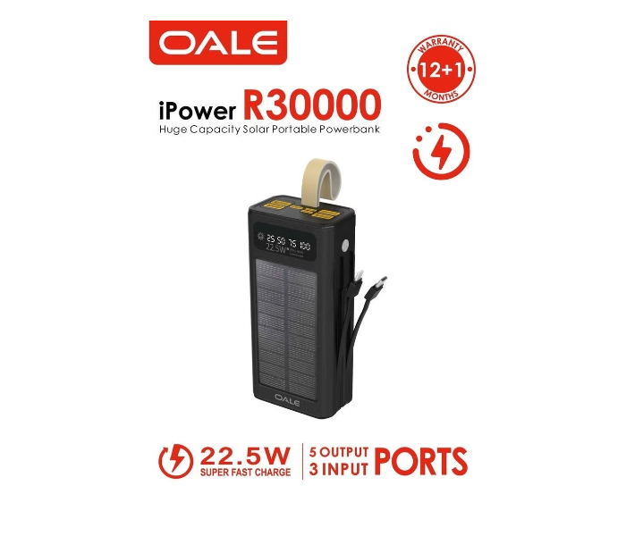 OALE 30000mAh Solar Power Bank, 22.5W Fast Charging, Built-in Type-C & Lightning Cables, Multiple USB Outputs in UAE