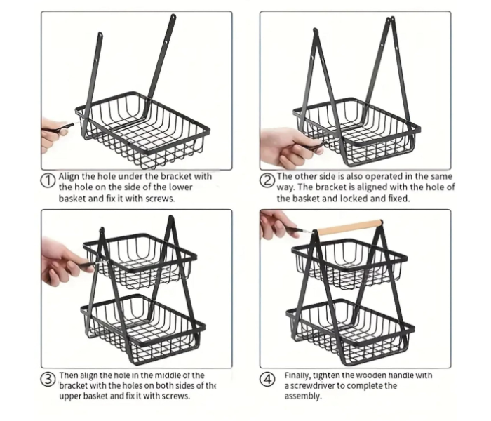 3-Tier Metal Storage Basket With Wooden Handle in UAE