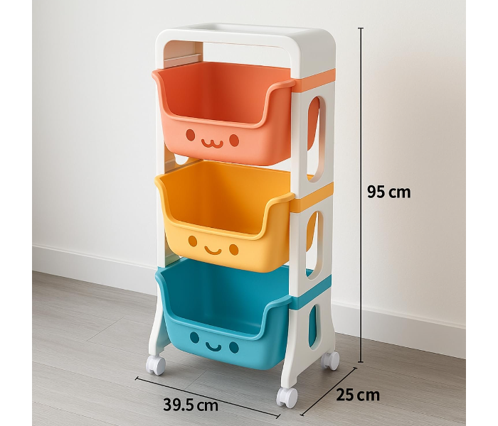 3 Layer Kids Toy Storage Organizer Rack with Wheels | Smiley Face Design Rolling Storage Cart for Toys, Books & Clothes | Multicolor Plastic Storage Shelf for Children in UAE
