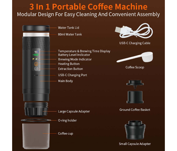 Portable Espresso Machine 18W Fast Charging Coffee Maker with Child Safety Lock LED Display for Travel Car Camping in UAE