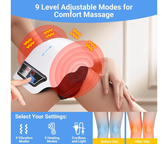 Cordless Knee Massager with 9 Level Heat, Vibration, Massage, Knee Pain Relief for Swelling Stiff Joints, Stretched Ligament and Muscles Injuries, Adjustable Straps,Red Light Physiotherapy Massage Suit for Family in UAE