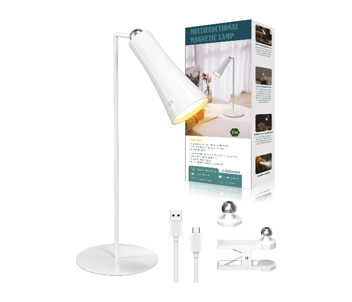 4-in-1 Magnetic LED Desk Lamp, USB Rechargeable Cordless Table Lamp, 3 Color Modes & Dimmable, 360° Adjustable for Reading, Office, Bedside, Clip-On/Wall Mount, Flashlight (White) in UAE