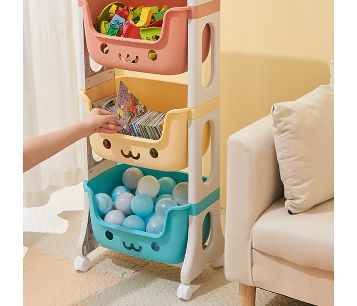 3 Layer Kids Toy Storage Organizer Rack with Wheels | Smiley Face Design Rolling Storage Cart for Toys, Books & Clothes | Multicolor Plastic Storage Shelf for Children in UAE