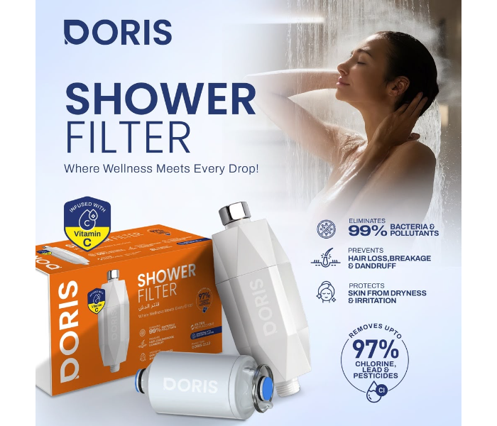 DORIS Shower Filter with Vitamin C Infusion, Advanced Water Filtration Shower Head Filter for Bathroom, Helps Reduce Chlorine and Water Impurities, Replaceable Filter Cartridge, Easy Installation, Supports Healthy-Looking Skin and Hair, Helps Reduce Dryness and Hair Breakage, Universal Shower Hose Connector, Bathroom Water Purifier Filter for Home, 3–6 Months Filter Life Based on Usage in UAE