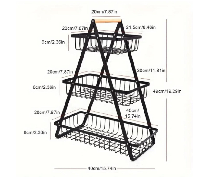 3-Tier Metal Storage Basket With Wooden Handle in UAE