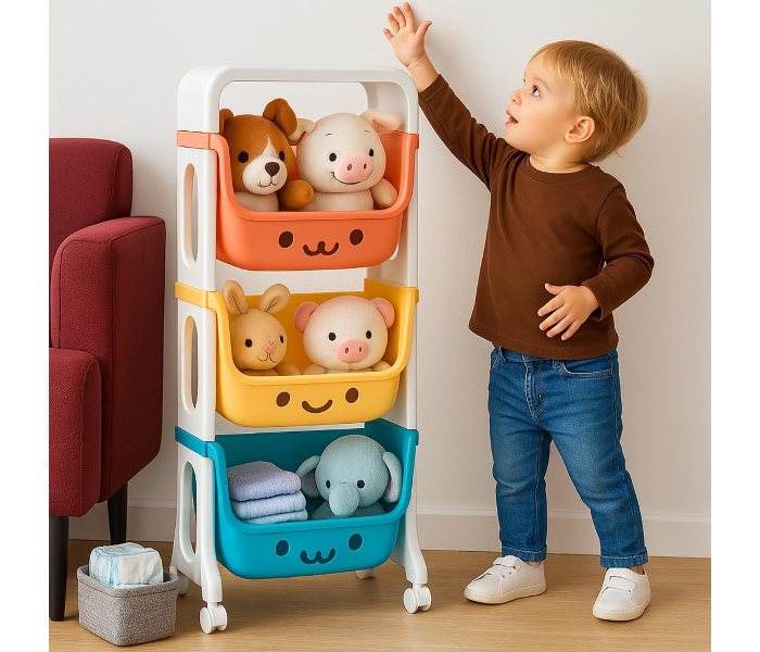 3 Layer Kids Toy Storage Organizer Rack with Wheels | Smiley Face Design Rolling Storage Cart for Toys, Books & Clothes | Multicolor Plastic Storage Shelf for Children in UAE