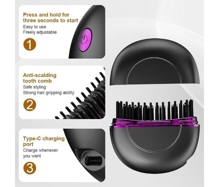 Mini Wireless Hair Straight Comb, Portable Cordless Hair Straightening Brush for Women, Fast Heating Ceramic Coated Hairs Comb, Rechargeable, Lightweight & Travel-Friendly Styling Tool in UAE