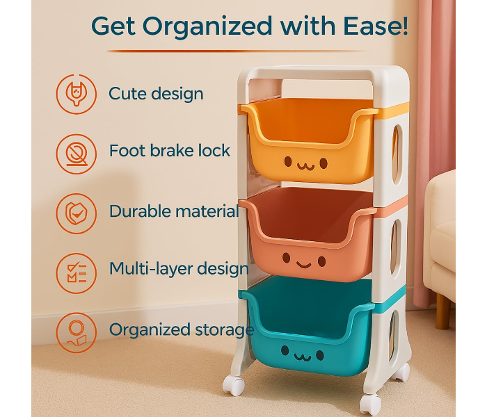 3 Layer Kids Toy Storage Organizer Rack with Wheels | Smiley Face Design Rolling Storage Cart for Toys, Books & Clothes | Multicolor Plastic Storage Shelf for Children in UAE