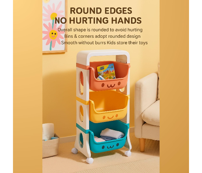 3 Layer Kids Toy Storage Organizer Rack with Wheels | Smiley Face Design Rolling Storage Cart for Toys, Books & Clothes | Multicolor Plastic Storage Shelf for Children in UAE
