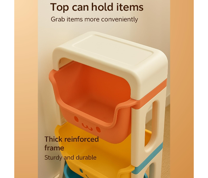 3 Layer Kids Toy Storage Organizer Rack with Wheels | Smiley Face Design Rolling Storage Cart for Toys, Books & Clothes | Multicolor Plastic Storage Shelf for Children in UAE