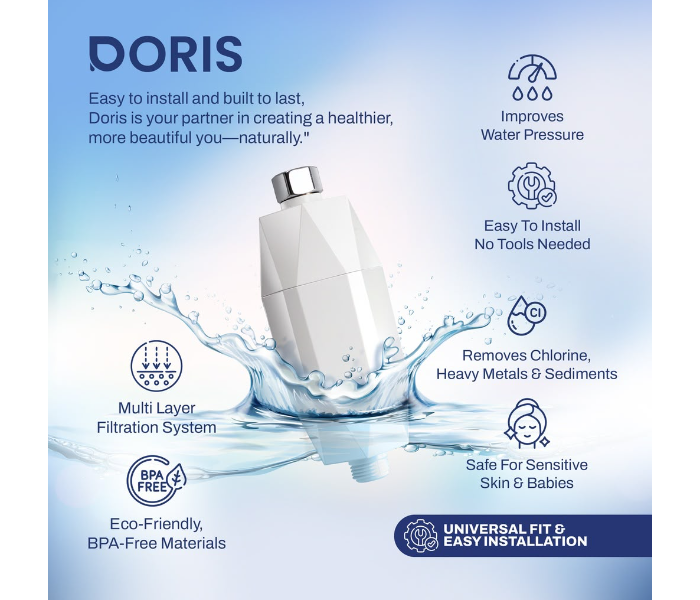 DORIS Shower Filter with Vitamin C Infusion, Advanced Water Filtration Shower Head Filter for Bathroom, Helps Reduce Chlorine and Water Impurities, Replaceable Filter Cartridge, Easy Installation, Supports Healthy-Looking Skin and Hair, Helps Reduce Dryness and Hair Breakage, Universal Shower Hose Connector, Bathroom Water Purifier Filter for Home, 3–6 Months Filter Life Based on Usage in UAE