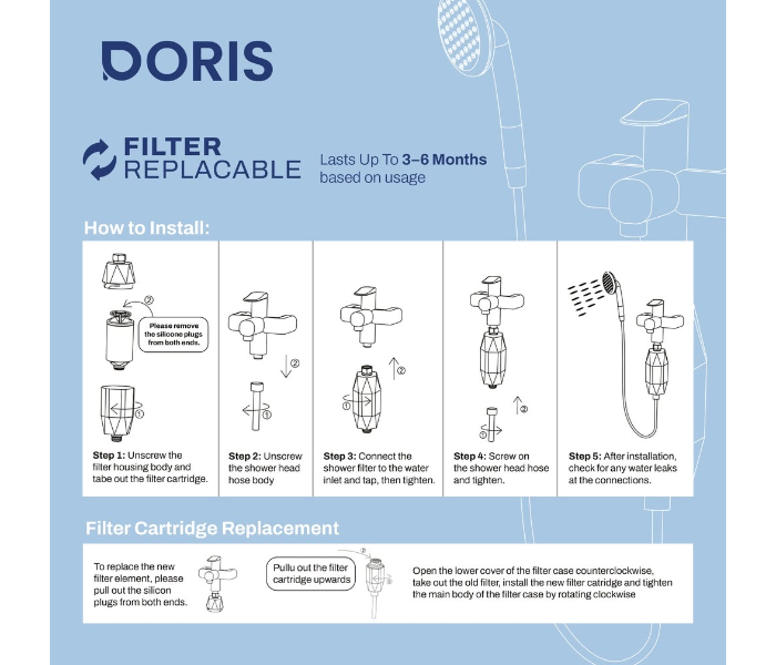 DORIS Shower Filter with Vitamin C Infusion, Advanced Water Filtration Shower Head Filter for Bathroom, Helps Reduce Chlorine and Water Impurities, Replaceable Filter Cartridge, Easy Installation, Supports Healthy-Looking Skin and Hair, Helps Reduce Dryness and Hair Breakage, Universal Shower Hose Connector, Bathroom Water Purifier Filter for Home, 3–6 Months Filter Life Based on Usage in UAE