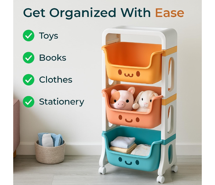 3 Layer Kids Toy Storage Organizer Rack with Wheels | Smiley Face Design Rolling Storage Cart for Toys, Books & Clothes | Multicolor Plastic Storage Shelf for Children in UAE