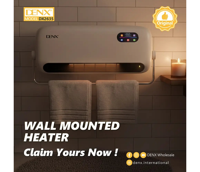 DENX DX2635 Wall Mounted Heater, Portable Electric Room Heater with 2 Heat Settings, 3-Hour Timer, Fast Heating, Overheat Protection, Compact Wall Mount Heating System for Bedroom, Bathroom, Office & Home in UAE